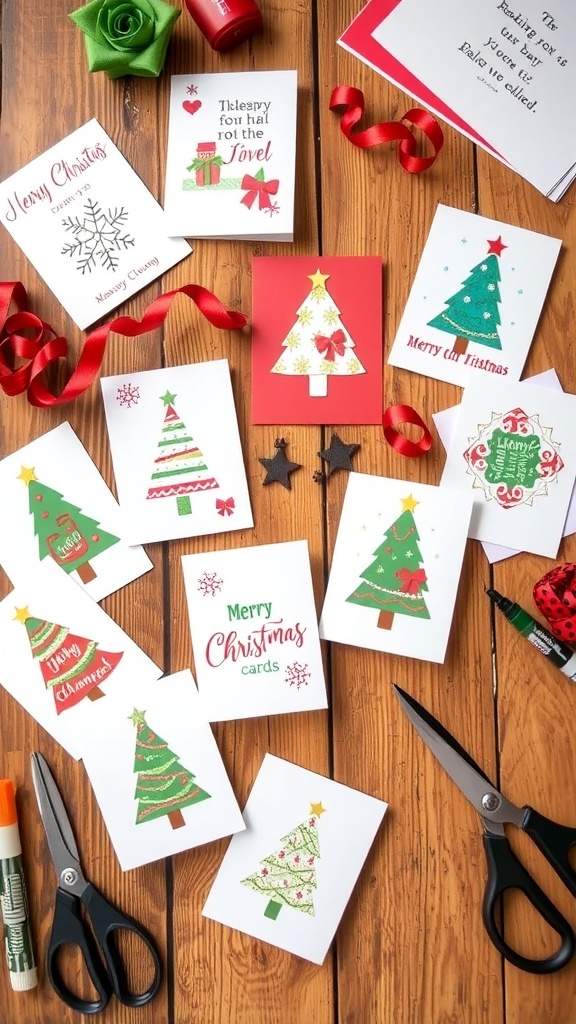 Handmade Christmas cards with festive designs on a wooden table surrounded by crafting supplies.